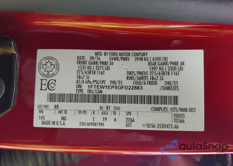 2016 Ford F-150 Xlt from USA, damaged, VIN 1FTEW1EP5GFD22883